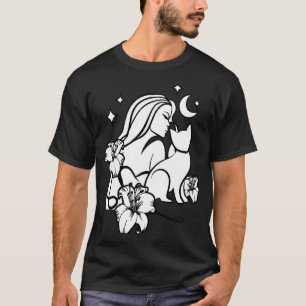 Camiseta Mujer Lirios Flores Gato Fantasía Luna Glamour Gót
