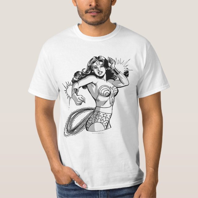 Camiseta Mujer Maravilla Defensora Negra y Blanca (Anverso)