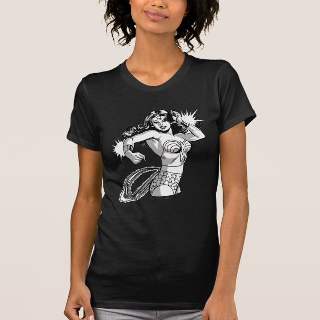 Camiseta Mujer Maravilla Defensora Negra y Blanca (Anverso)
