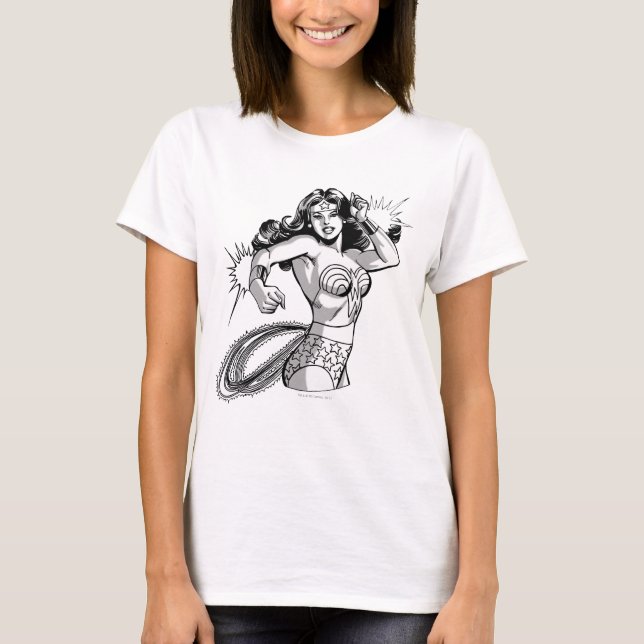 Camiseta Mujer Maravilla Defensora Negra y Blanca (Anverso)