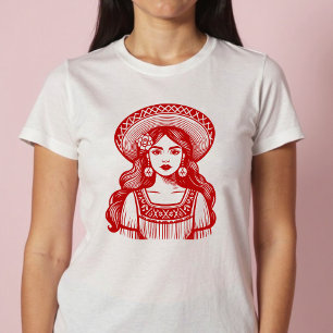 Camiseta Mujer Mexicana Arte de Línea Roja Mínima