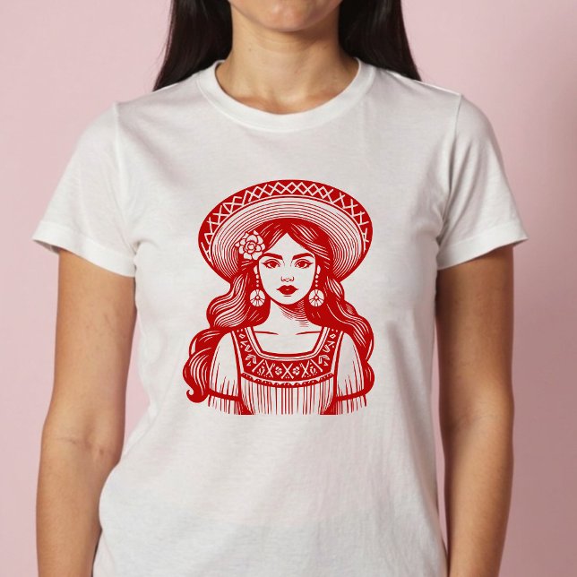 Camiseta Mujer Mexicana Arte de Línea Roja Mínima (Mujer Mexicana Minimal Red Line Art T-Shirt)