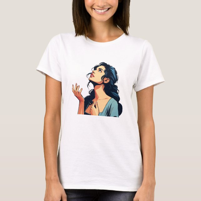 Camiseta Mujer mirando hacia arriba rezando por el arte del (Anverso)