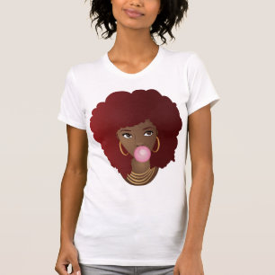 Camiseta Mujer negra, afro rojo, bazuqueo rosado