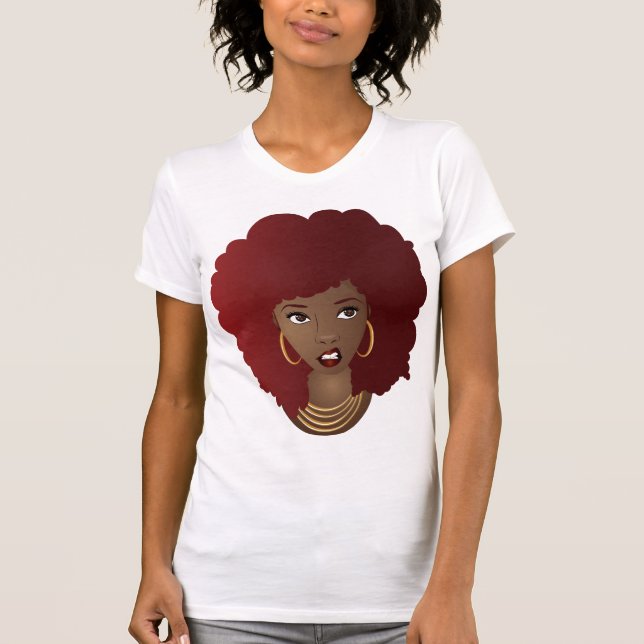 Camiseta Mujer negra, afro rojo, expresión enojada (Anverso)