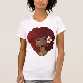 Camiseta Mujer negra, afro rojo, flor en el pelo natural