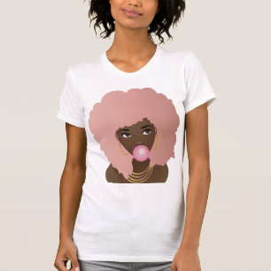 Camiseta Mujer negra, afro rosado, batiburrillo rosado