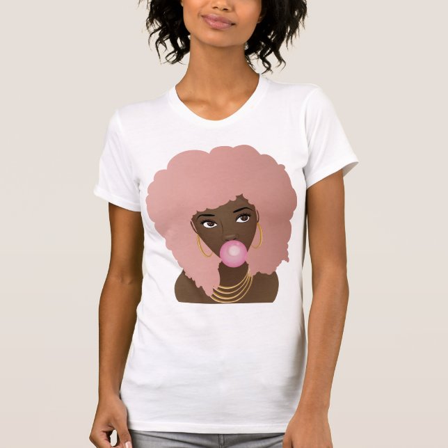 Camiseta Mujer negra, afro rosado, batiburrillo rosado (Anverso)
