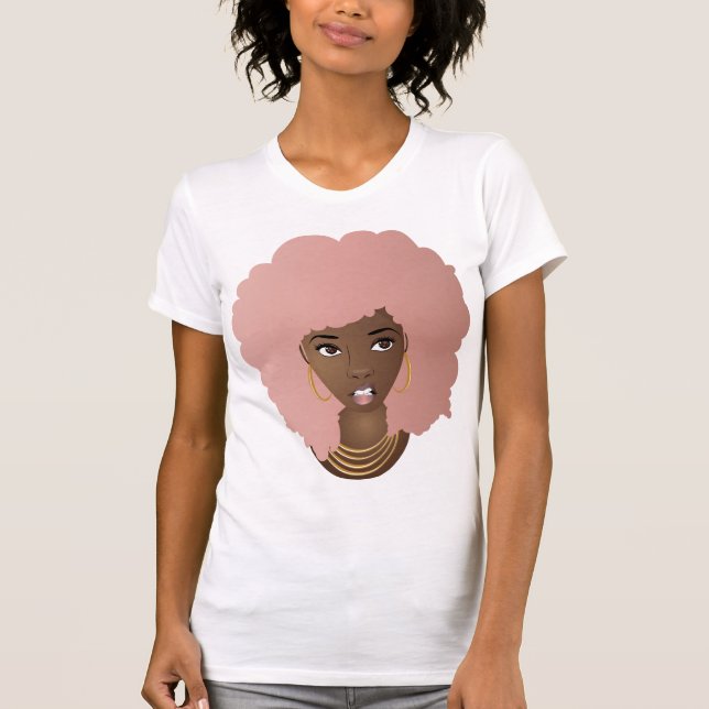 Camiseta Mujer negra, afro rosado, expresión enojada (Anverso)
