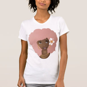 Camiseta Mujer negra, afro rosado, flor en el pelo natural