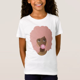 Camiseta Mujer negra, afro rosado, puré de burbuja rosada