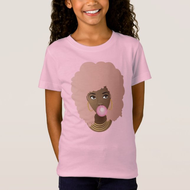 Camiseta Mujer negra, afro rosado, puré de burbuja rosada (Anverso)