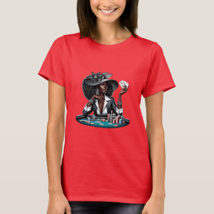 Camiseta Mujer negra apostando tarjetas de casino de póquer