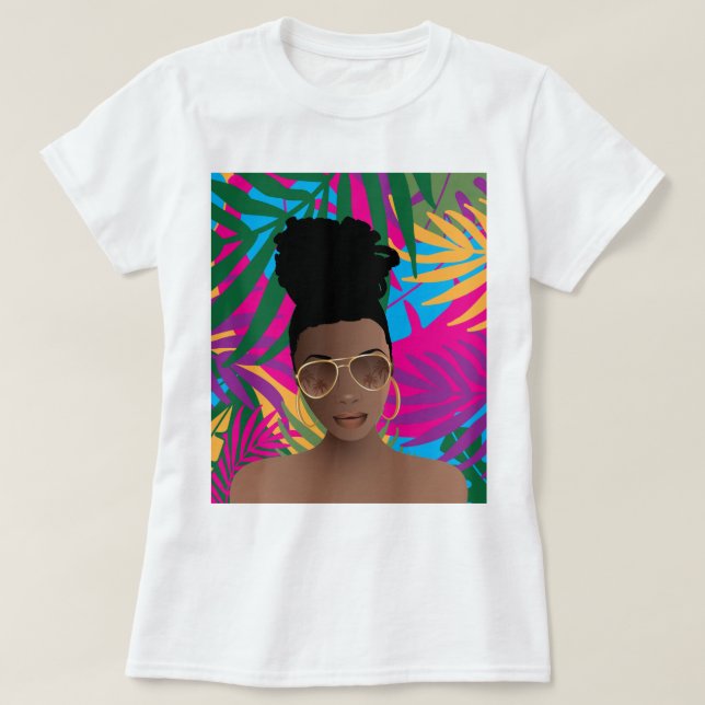 Camiseta Mujer negra con Sunglesses, hojas tropicales color (Diseño del anverso)