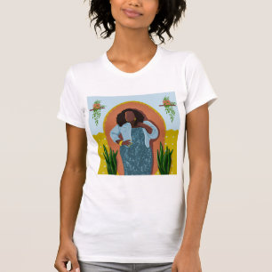 Camiseta Mujer negra curvada, plantas domésticas, amarillo