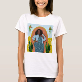 Camiseta Mujer negra curvada, plantas domésticas, amarillo 