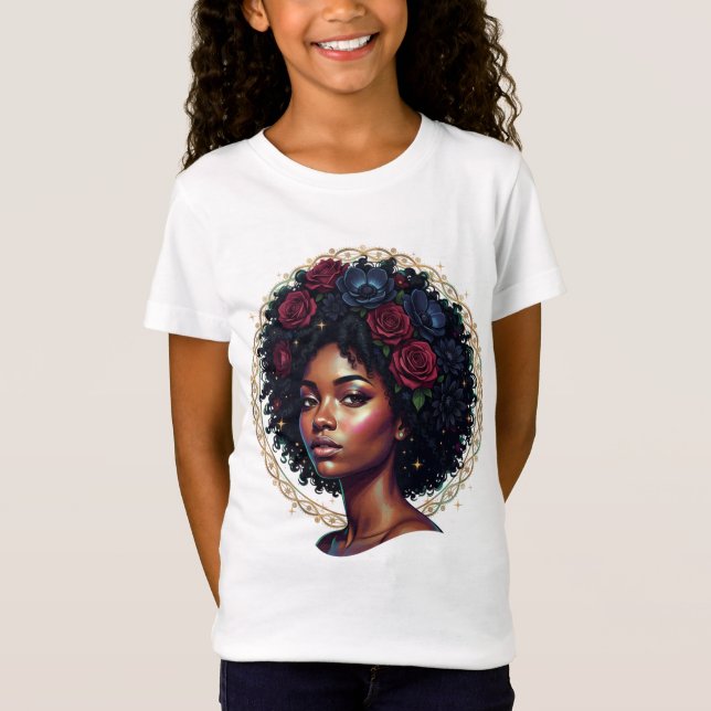 Camiseta Mujer Negra Floral Afro (Anverso)