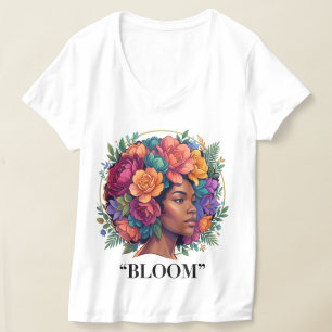 Camiseta Mujer negra floral afro inspiradora Bloom