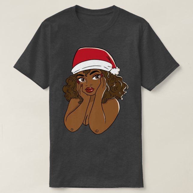 Camiseta Mujer negra linda con Gorra de Santa Claus (Diseño del anverso)