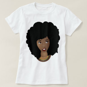 Camiseta Mujer negra, pelo natural, expresión enojada