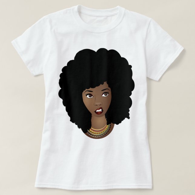 Camiseta Mujer negra, pelo natural, expresión enojada (Diseño del anverso)
