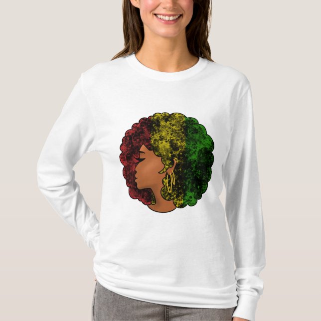 Camiseta Mujer negra rasta afro rojo amarillo verde  (Anverso)