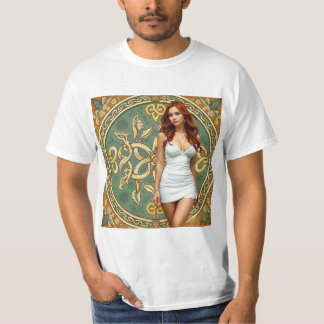 Camiseta Mujer Pelirroja con Fondo Celta y Art Nouveau