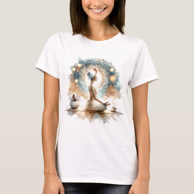 Camiseta Mujer posada de yoga sentada arte marrón tranquilo (Anverso)