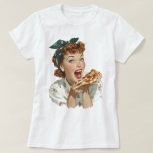 Camiseta Mujer Retro Disfrutando Rebanada de Pizza
