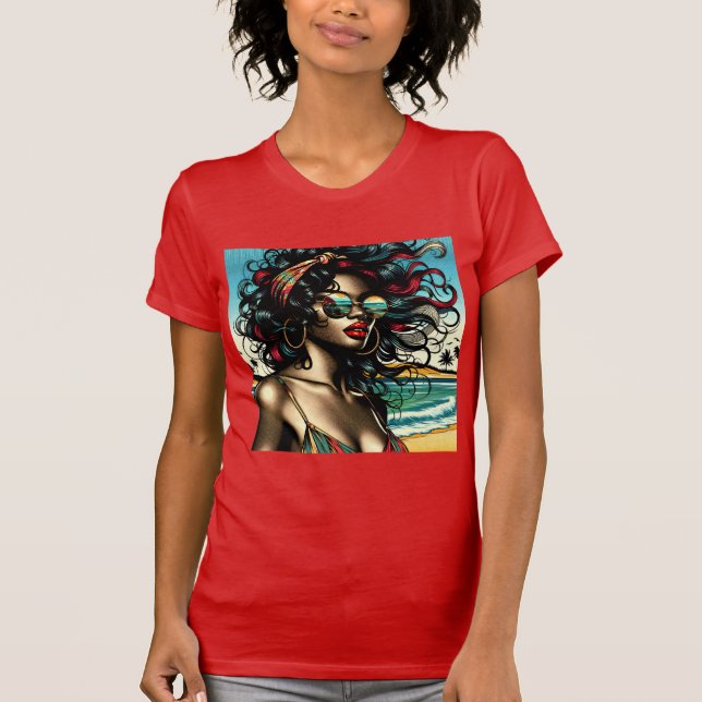 Camiseta Mujer Retro en Playa Estilo Cómic Pop Art (Anverso)