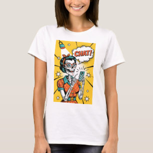 Camiseta Mujer retro esqueleto en chat - Arte pop clásico