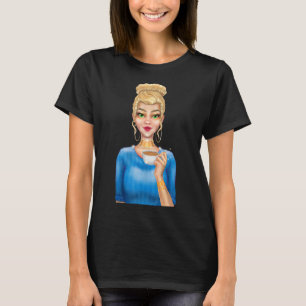 Camiseta Mujer rubia de moda sosteniendo la copa de café ma