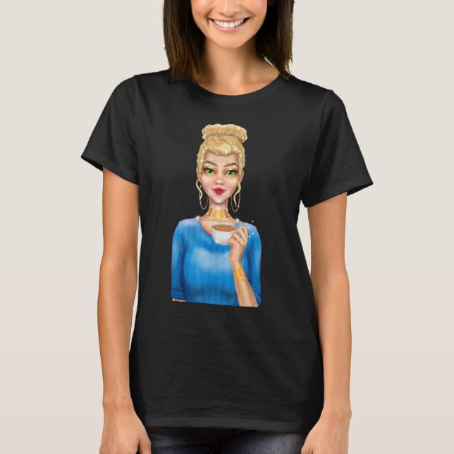 Camiseta Mujer rubia de moda sosteniendo la copa de café ma (Anverso)