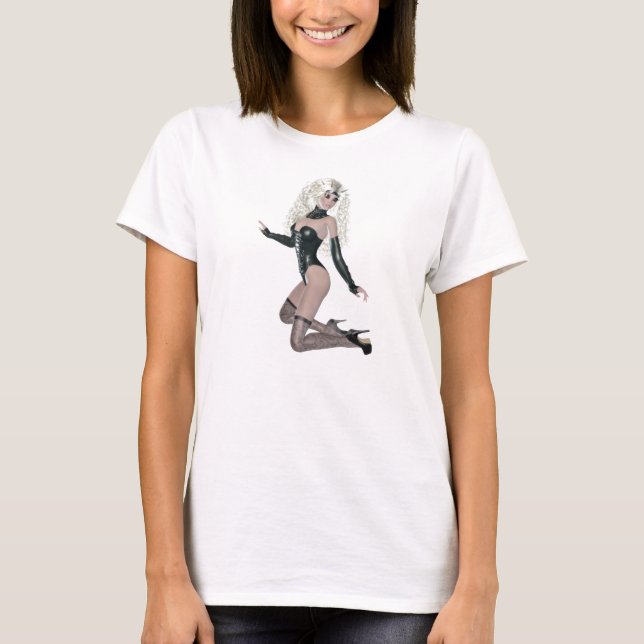 Camiseta Mujer traviesa en ropa interior de cuero negra (Anverso)