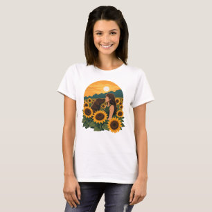 Camiseta Mujer y Labrador de chocolate en un girasol dorado