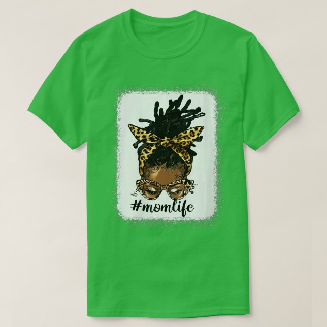 Camiseta Mujeres afro desordenadas locs Bun Mom Life Leopar (Diseño del anverso)