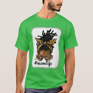 Camiseta Mujeres afro desordenadas locs Bun Mom Life Leopar