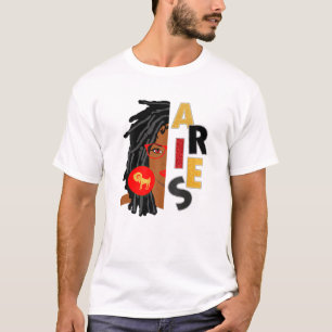 Camiseta Mujeres Aries Chica Afro Locs Chica Rótulos Zodiac
