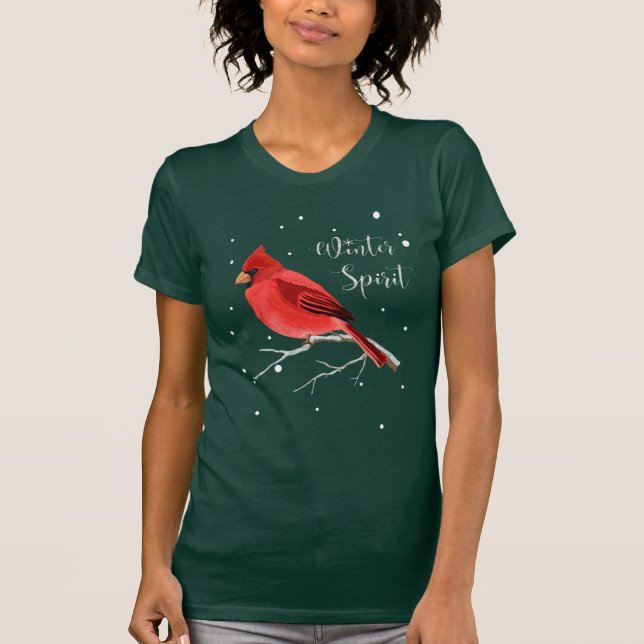 Camiseta Mujeres cardinales rojas del pájaro Nevado del día (Anverso)