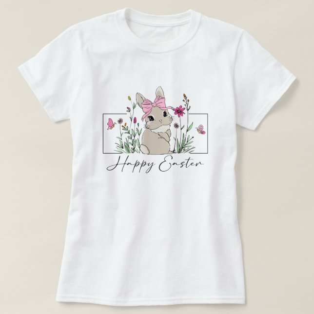 Camiseta Mujeres Feliz Pascua Bunny Floral (Diseño del anverso)