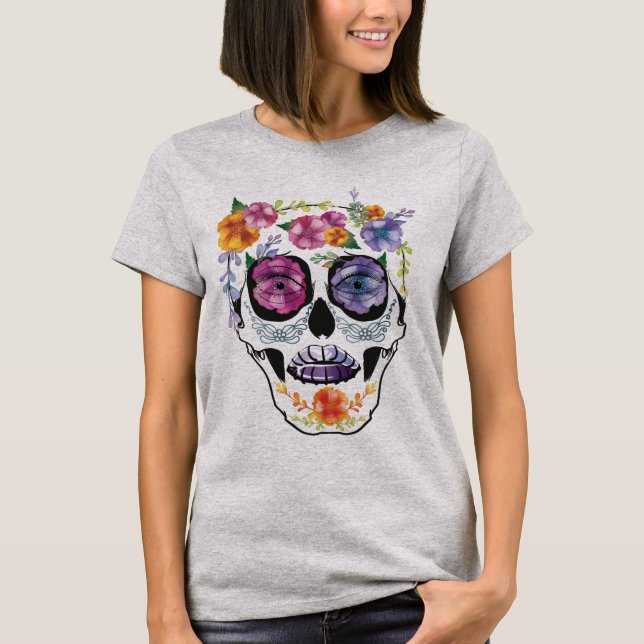 Camiseta Mujeres florales de la flor del diseño del cráneo (Anverso)