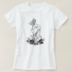 Camiseta Mujeres Flores Mariposa Oscura Face Retrato Arte