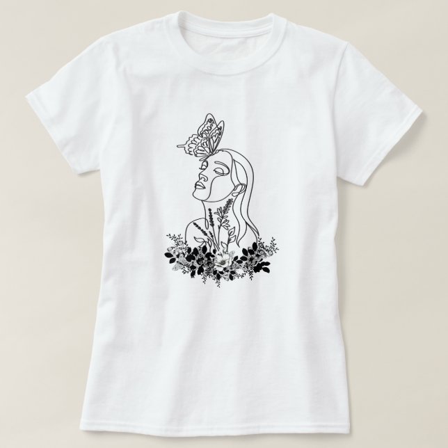 Camiseta Mujeres Flores Mariposa Oscura Face Retrato Arte (Diseño del anverso)