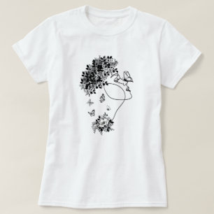 Camiseta Mujeres Flores Mariposa Oscura Face Retrato Vintag