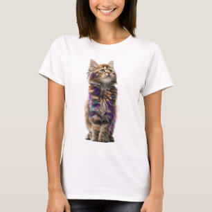 Camiseta Mujeres Gato Atigrado Caprichoso Plumas Multicolor
