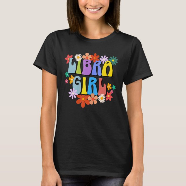 Camiseta Mujeres Libra Chica Zodiac Rótulo Groovy Retro Bir (Anverso)