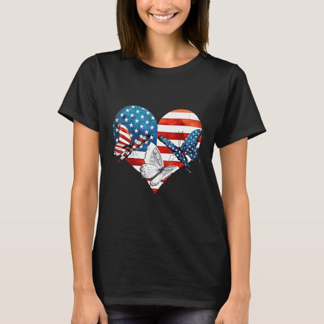 Camiseta Mujeres Mariposa Patriotas Us Bandera Corazón Feli (Anverso)