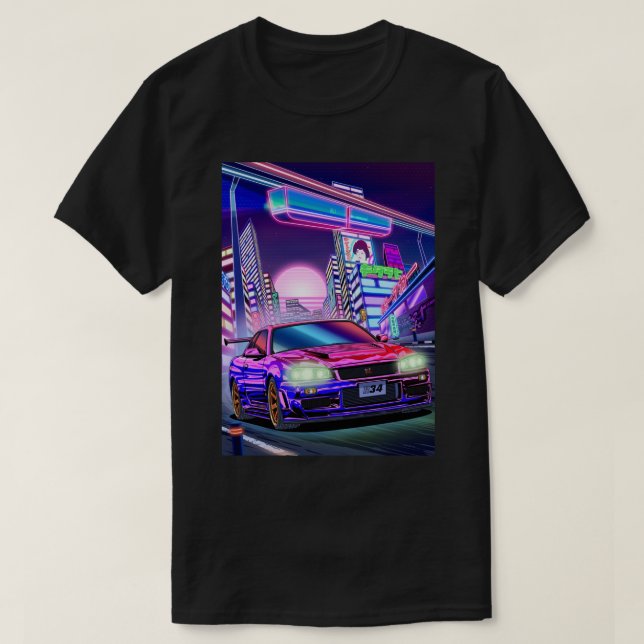 Camiseta Mujeres Nissan Skyline Gt-R34 Vaporwave (Diseño del anverso)