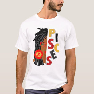 Camiseta Mujeres Piscis Chica Afro Locs Chica Zodiac Rótulo