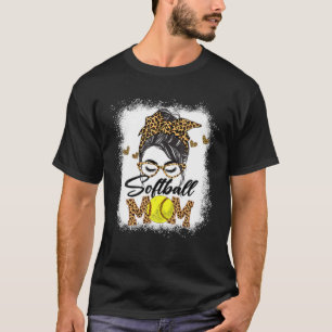 Camiseta Mujeres Softball Mamá Niño Leopard Messy Bun Baseb
